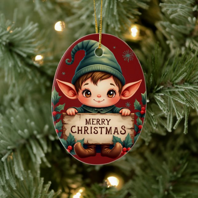 Cute Christmas Elf Holding Merry Sign Red Ceramic Tree Decoration (Tree)