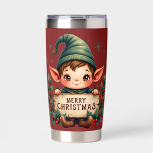 Cute Christmas Elf Holding Merry Sign Red Insulated Tumbler