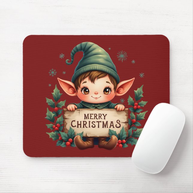 Cute Christmas Elf Holding Merry Sign Red Mouse Pad (With Mouse)