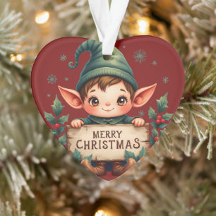 Cute Christmas Elf Holding Merry Sign Red Ornament
