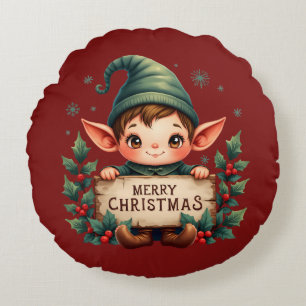 Cute Christmas Elf Holding Merry Sign Red Round Cushion