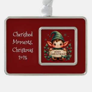 Cute Christmas Elf Holding Merry Sign Red Silver Plated Framed Ornament