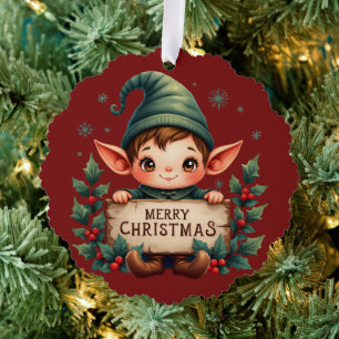 Cute Christmas Elf Holding Merry Sign Red Tree Decoration Card