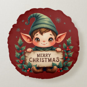 Cute Christmas Elf Holding Merry Sign Round Cushion