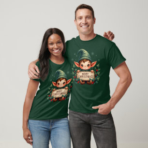 Cute Christmas Elf Holding Merry Sign T-Shirt