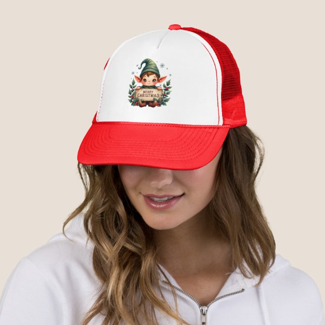 Cute Christmas Elf Holding Merry Sign Trucker Hat (In Situ)