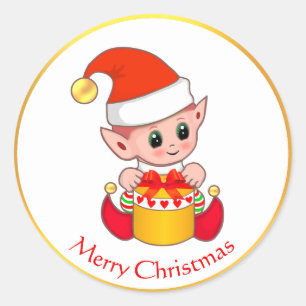 Cute Christmas Elf on Golden & White Classic Round Sticker