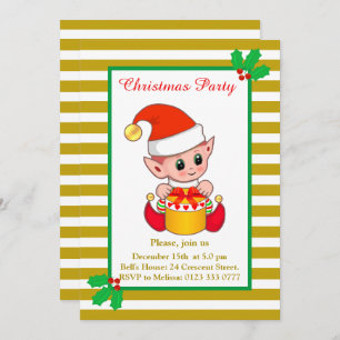 Cute Christmas Elf on Golden & White Invitation