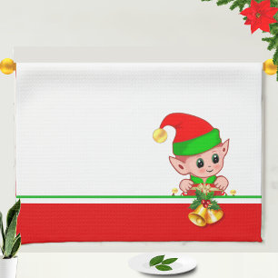 Cute Christmas Elf on Green, Red and White Tea Towel