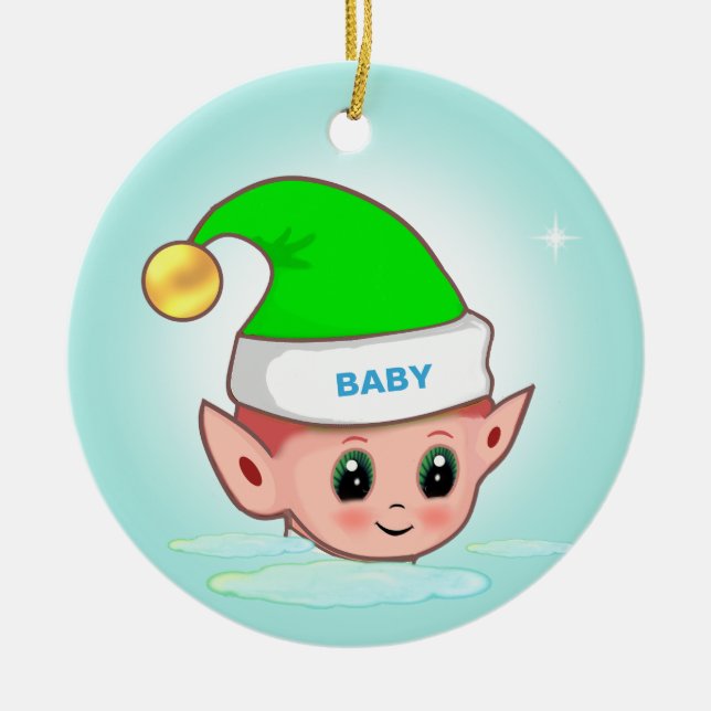 Cute Christmas elf on light blue Ceramic Ornament (Front)