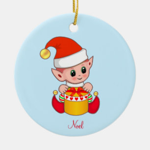 Cute Christmas Elf on Light Blue Ceramic Tree Decoration