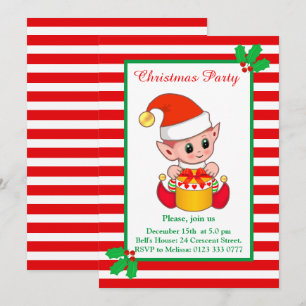 Cute Christmas Elf on Red White Party Invitation