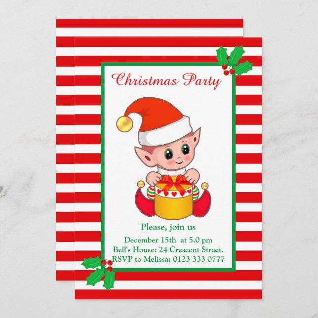 Cute Christmas Elf on Red White Party Invitation (Front/Back)