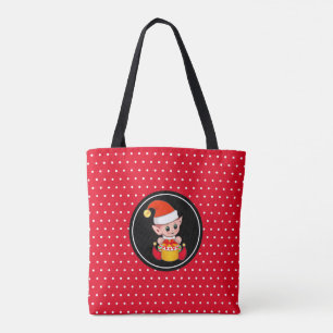 Cute Christmas elf on red & white Tote Bag