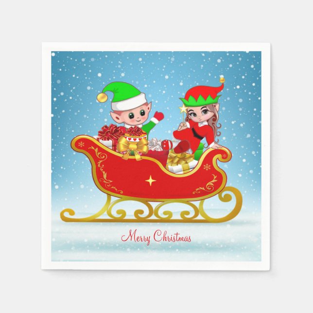 Cute Christmas Elf on Sleigh on Light Blue Napkin (Front)
