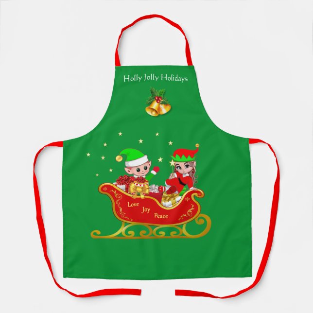 Cute Christmas Elf on Sleigh with Presents Apron (Front)