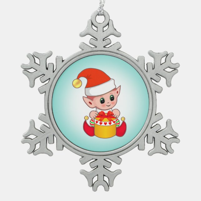 Cute Christmas Elf on Teal Blue Snowflake Pewter Christmas Ornament (Front)