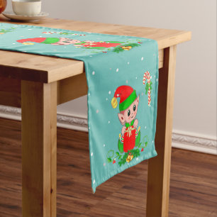Cute Christmas Elf on Teal Medium Table Runner