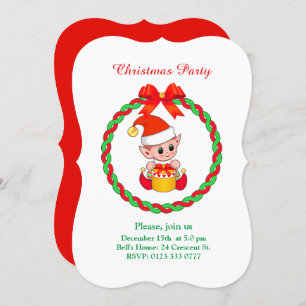 Cute Christmas Elf on White Green and Red Invitation