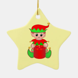 Cute Christmas Elf on Yellow Ceramic Tree Decoration