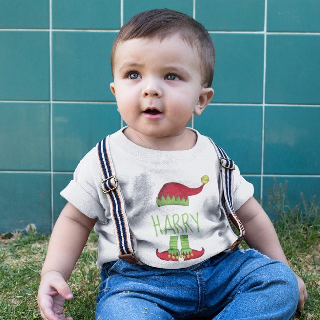 Cute Christmas Elf Personalised  Baby T-Shirt (Red and green Christmas cute elf custom baby t shirt.)