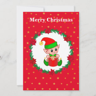 Cute Christmas elf, pine wreath & stars