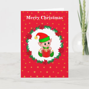 Cute Christmas Elf, Pine Wreath & Stars Card