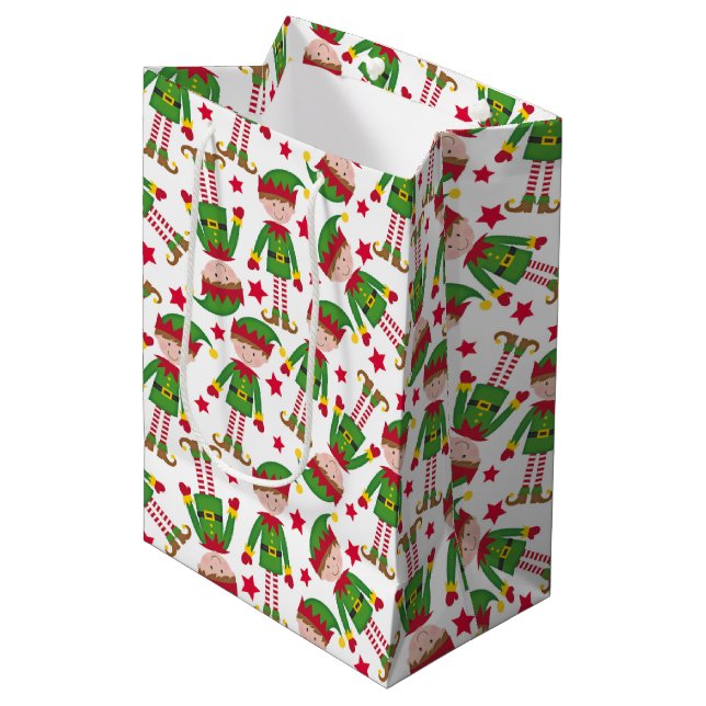 Cute Christmas Elf Red Green Medium Gift Bag (Front Angled)