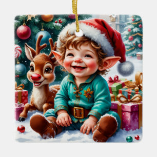 Cute Christmas Elf & Reindeer Ceramic Ornament