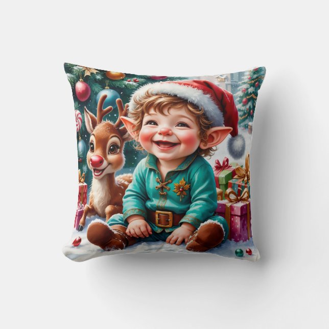 Cute Christmas Elf & Reindeer  Cushion (Front)