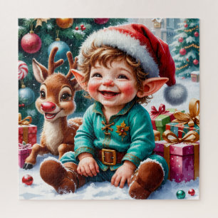 Cute Christmas Elf & Reindeer Jigsaw Puzzle