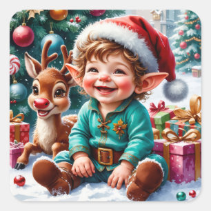 Cute Christmas Elf & Reindeer Square Sticker