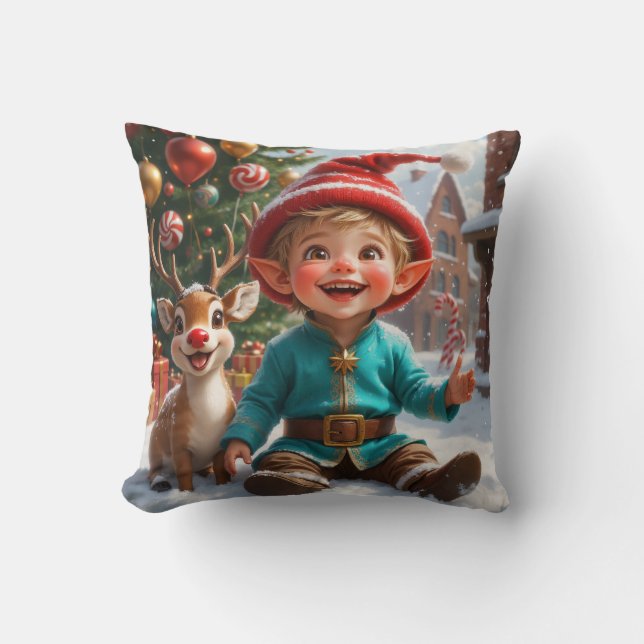 Cute Christmas Elf & Reindeer  Throw Pillow (Front)
