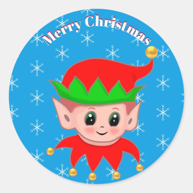 Cute Christmas elf & snowflakes Classic Round Sticker (Front)