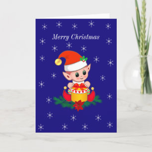 Cute Christmas Elf & Snowflakes on Blue Holiday Card