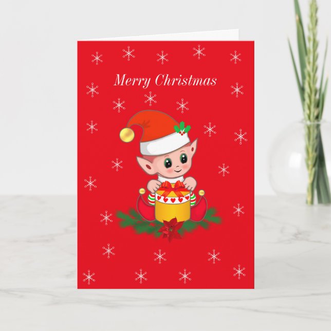 Cute Christmas Elf & Snowflakes on Red Holiday Card (Front)