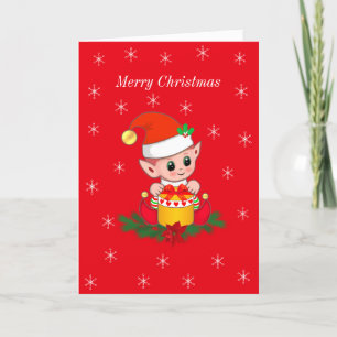 Cute Christmas Elf & Snowflakes on Red Holiday Card