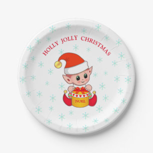 Cute Christmas elf & snowflakes on white Paper Plate