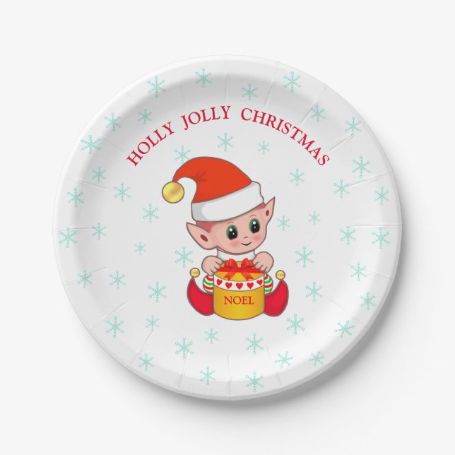 Cute Christmas elf & snowflakes on white Paper Plate (Front)