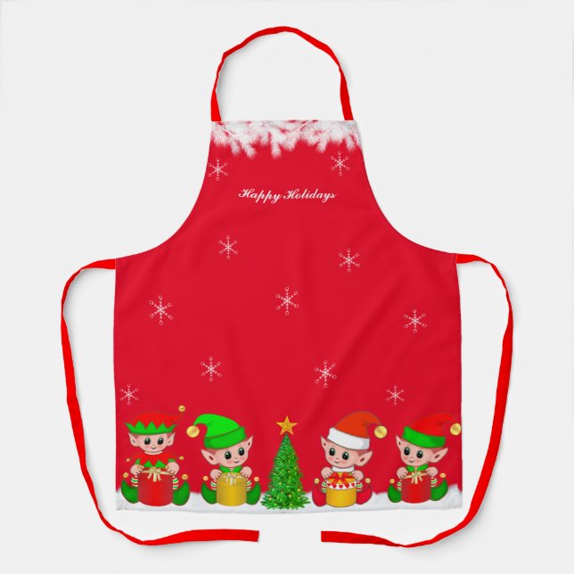 Cute Christmas Elf Squad & Snowflakes on Red Apron (Front)