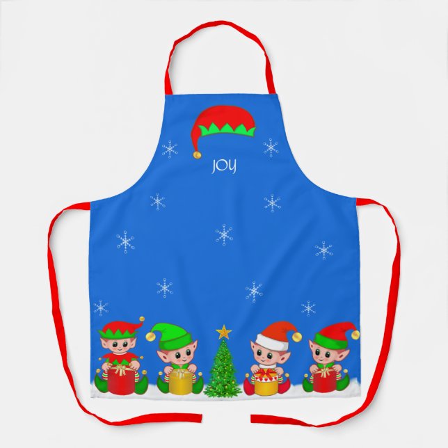 Cute Christmas Elf Squad & Snowflakes on Sky Blue Apron (Front)