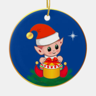 Cute Christmas elf & star on blue Ceramic Tree Decoration