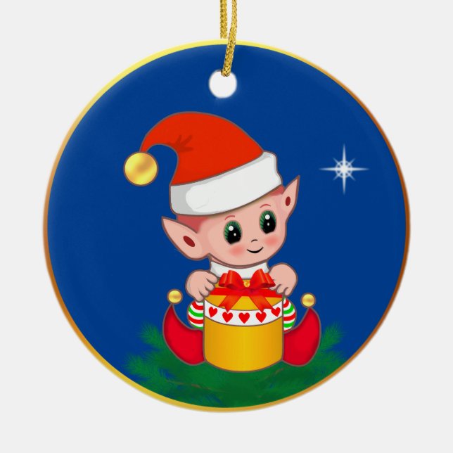 Cute Christmas elf & star on blue Ceramic Tree Decoration (Front)