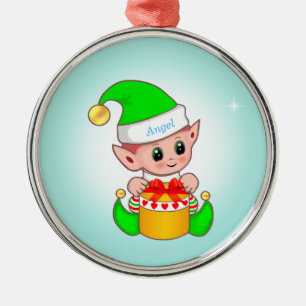 Cute Christmas elf & star on light blue Metal Tree Decoration
