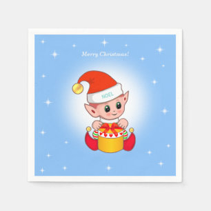 Cute Christmas elf & stars on light blue Napkin