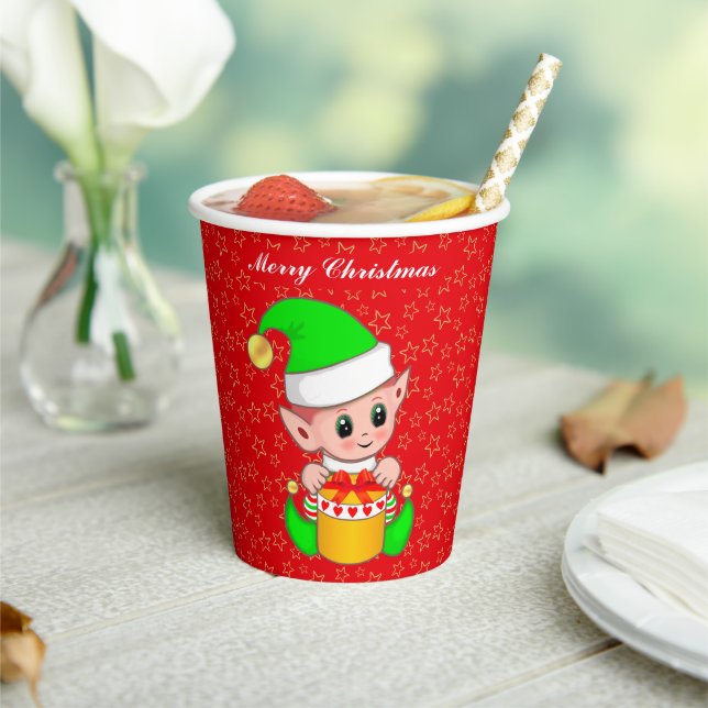 Cute Christmas Elf & Stars on Red Paper Cups (Insitu)