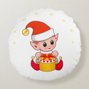 Cute Christmas Elf  & Stars Round Cushion