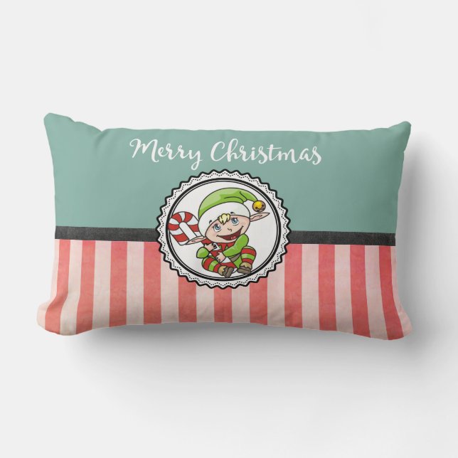 Cute Christmas Elf with Candy Cane Merry Christmas Lumbar Cushion (Front)