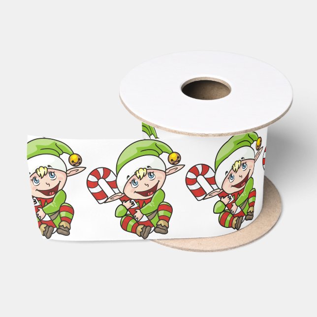 Cute Christmas Elf with Candy Cane Satin Ribbon (Spool)