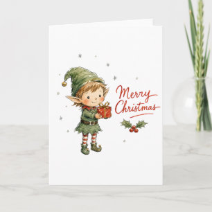 Cute Christmas Elf with Gift Box Card